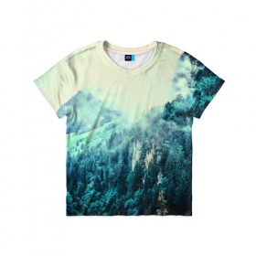 Детская футболка 3D с принтом Туманный лес в Курске, 100% гипоаллергенный полиэфир | прямой крой, круглый вырез горловины, длина до линии бедер, чуть спущенное плечо, ткань немного тянется | 3d | горы | деревья | другие | лес | лето | пейзаж | прикольные | природа | туман | холм | цветные | яркие