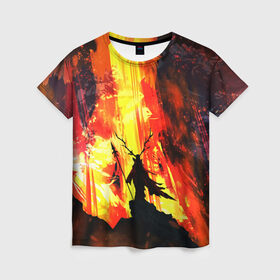 Женская футболка 3D с принтом Колдун в Курске, 100% полиэфир ( синтетическое хлопкоподобное полотно) | прямой крой, круглый вырез горловины, длина до линии бедер | волшебник | вулкан | горы | камни | копьё | лава | огонь | пламя | рога | фантастика | шаман