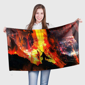 Флаг 3D с принтом Колдун в Курске, 100% полиэстер | плотность ткани — 95 г/м2, размер — 67 х 109 см. Принт наносится с одной стороны | волшебник | вулкан | горы | камни | копьё | лава | огонь | пламя | рога | фантастика | шаман