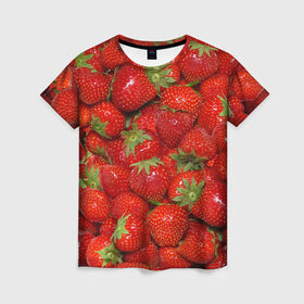 Женская футболка 3D с принтом Клубничка в Курске, 100% полиэфир ( синтетическое хлопкоподобное полотно) | прямой крой, круглый вырез горловины, длина до линии бедер | Тематика изображения на принте: еда | клубника | красный | сладкое | текстура | фрукты | ягоды