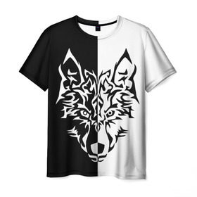 Мужская футболка 3D с принтом Двуликий волк в Курске, 100% полиэфир | прямой крой, круглый вырез горловины, длина до линии бедер | монохромный | тату | черно белый