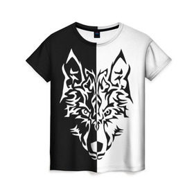Женская футболка 3D с принтом Двуликий волк в Курске, 100% полиэфир ( синтетическое хлопкоподобное полотно) | прямой крой, круглый вырез горловины, длина до линии бедер | монохромный | тату | черно белый