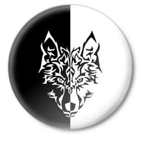 Значок с принтом Двуликий волк в Курске,  металл | круглая форма, металлическая застежка в виде булавки | монохромный | тату | черно белый
