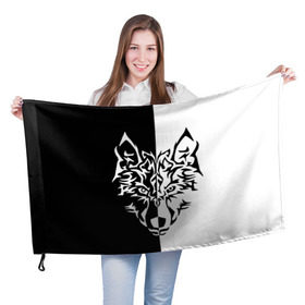 Флаг 3D с принтом Двуликий волк в Курске, 100% полиэстер | плотность ткани — 95 г/м2, размер — 67 х 109 см. Принт наносится с одной стороны | монохромный | тату | черно белый