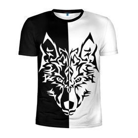 Мужская футболка 3D спортивная с принтом Двуликий волк в Курске, 100% полиэстер с улучшенными характеристиками | приталенный силуэт, круглая горловина, широкие плечи, сужается к линии бедра | монохромный | тату | черно белый