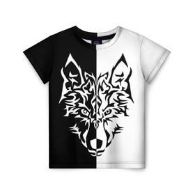 Детская футболка 3D с принтом Двуликий волк в Курске, 100% гипоаллергенный полиэфир | прямой крой, круглый вырез горловины, длина до линии бедер, чуть спущенное плечо, ткань немного тянется | монохромный | тату | черно белый