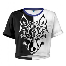 Женская футболка 3D укороченная с принтом Двуликий волк в Курске, 100% полиэстер | круглая горловина, длина футболки до линии талии, рукава с отворотами | монохромный | тату | черно белый