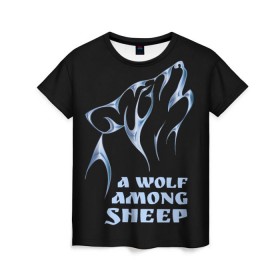 Женская футболка 3D с принтом Волк среди овец в Курске, 100% полиэфир ( синтетическое хлопкоподобное полотно) | прямой крой, круглый вырез горловины, длина до линии бедер | wolf among sheep | татуировка | хищник