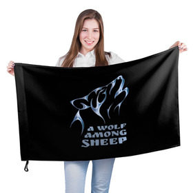 Флаг 3D с принтом Волк среди овец в Курске, 100% полиэстер | плотность ткани — 95 г/м2, размер — 67 х 109 см. Принт наносится с одной стороны | wolf among sheep | татуировка | хищник