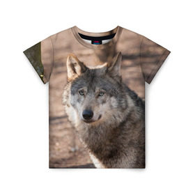 Детская футболка 3D с принтом Серый волк в Курске, 100% гипоаллергенный полиэфир | прямой крой, круглый вырез горловины, длина до линии бедер, чуть спущенное плечо, ткань немного тянется | аука | бирюк | волк | волчара | волчица | волчок | глаза | животное | животные | зверь | зеленые | койот | лес | млекопитающее | природа | санитар леса | серый | уши | фауна | хищник | черный | шакал