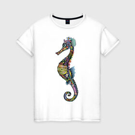 Женская футболка хлопок с принтом Морской конек в Курске, 100% хлопок | прямой крой, круглый вырез горловины, длина до линии бедер, слегка спущенное плечо | животное | конек | лето | море | океан | рыба