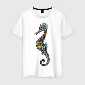 Мужская футболка хлопок с принтом Морской конек в Курске, 100% хлопок | прямой крой, круглый вырез горловины, длина до линии бедер, слегка спущенное плечо. | животное | конек | лето | море | океан | рыба