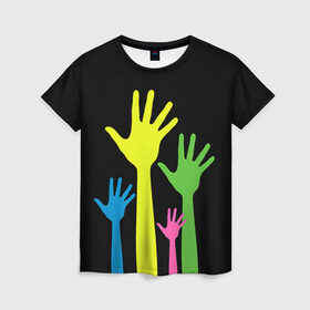 Женская футболка 3D с принтом Руки вверх! в Курске, 100% полиэфир ( синтетическое хлопкоподобное полотно) | прямой крой, круглый вырез горловины, длина до линии бедер | светящиеся | флуоресцентный | флюр | флюровый