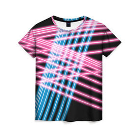Женская футболка 3D с принтом Неон в Курске, 100% полиэфир ( синтетическое хлопкоподобное полотно) | прямой крой, круглый вырез горловины, длина до линии бедер | линии | полосы | светящиеся | флуоресцентный | флюр | флюровый