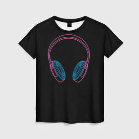 Женская футболка 3D с принтом Наушники в Курске, 100% полиэфир ( синтетическое хлопкоподобное полотно) | прямой крой, круглый вырез горловины, длина до линии бедер | светящиеся | флуоресцентный | флюр | флюровый