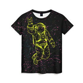 Женская футболка 3D с принтом Космический рок в Курске, 100% полиэфир ( синтетическое хлопкоподобное полотно) | прямой крой, круглый вырез горловины, длина до линии бедер | космонавт | светящиеся | скафандр | флуоресцентный | флюр | флюровый