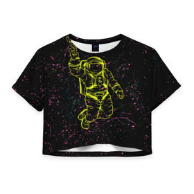Женская футболка 3D укороченная с принтом Космический рок в Курске, 100% полиэстер | круглая горловина, длина футболки до линии талии, рукава с отворотами | космонавт | светящиеся | скафандр | флуоресцентный | флюр | флюровый