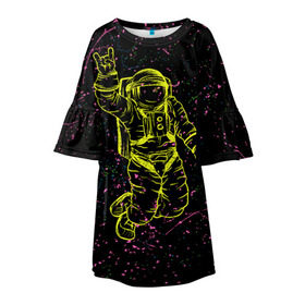 Детское платье 3D с принтом Космический рок в Курске, 100% полиэстер | прямой силуэт, чуть расширенный к низу. Круглая горловина, на рукавах — воланы | космонавт | светящиеся | скафандр | флуоресцентный | флюр | флюровый