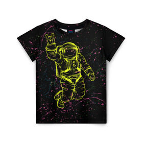 Детская футболка 3D с принтом Космический рок в Курске, 100% гипоаллергенный полиэфир | прямой крой, круглый вырез горловины, длина до линии бедер, чуть спущенное плечо, ткань немного тянется | Тематика изображения на принте: космонавт | светящиеся | скафандр | флуоресцентный | флюр | флюровый