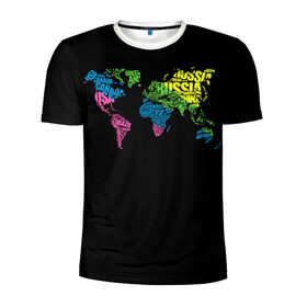 Мужская футболка 3D спортивная с принтом Весь мир - Россия в Курске, 100% полиэстер с улучшенными характеристиками | приталенный силуэт, круглая горловина, широкие плечи, сужается к линии бедра | Тематика изображения на принте: карта мира | светящиеся | флуоресцентный | флюр | флюровый