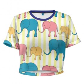 Женская футболка 3D укороченная с принтом Слоники в Курске, 100% полиэстер | круглая горловина, длина футболки до линии талии, рукава с отворотами | elephant | hipster | индия | йога | слон | хипстер