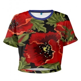 Женская футболка 3D укороченная с принтом Цветение мака в Курске, 100% полиэстер | круглая горловина, длина футболки до линии талии, рукава с отворотами | flower | красные | полевой цветок | природа | розы | текстуры | цветочки | цветы