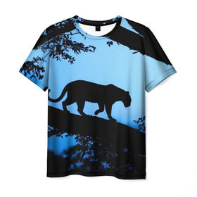 Мужская футболка 3D с принтом Чёрная пантера в Курске, 100% полиэфир | прямой крой, круглый вырез горловины, длина до линии бедер | африка | вечер | дерево | дикая кошка | закат | леопард | сафари | ягуар
