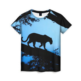 Женская футболка 3D с принтом Чёрная пантера в Курске, 100% полиэфир ( синтетическое хлопкоподобное полотно) | прямой крой, круглый вырез горловины, длина до линии бедер | африка | вечер | дерево | дикая кошка | закат | леопард | сафари | ягуар