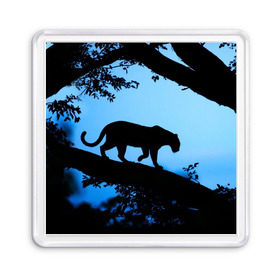 Магнит 55*55 с принтом Чёрная пантера в Курске, Пластик | Размер: 65*65 мм; Размер печати: 55*55 мм | Тематика изображения на принте: африка | вечер | дерево | дикая кошка | закат | леопард | сафари | ягуар