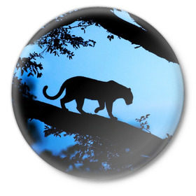 Значок с принтом Чёрная пантера в Курске,  металл | круглая форма, металлическая застежка в виде булавки | Тематика изображения на принте: африка | вечер | дерево | дикая кошка | закат | леопард | сафари | ягуар
