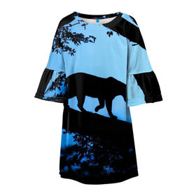 Детское платье 3D с принтом Чёрная пантера в Курске, 100% полиэстер | прямой силуэт, чуть расширенный к низу. Круглая горловина, на рукавах — воланы | Тематика изображения на принте: африка | вечер | дерево | дикая кошка | закат | леопард | сафари | ягуар