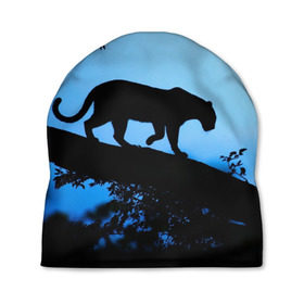 Шапка 3D с принтом Чёрная пантера в Курске, 100% полиэстер | универсальный размер, печать по всей поверхности изделия | африка | вечер | дерево | дикая кошка | закат | леопард | сафари | ягуар