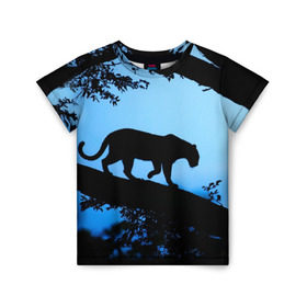 Детская футболка 3D с принтом Чёрная пантера в Курске, 100% гипоаллергенный полиэфир | прямой крой, круглый вырез горловины, длина до линии бедер, чуть спущенное плечо, ткань немного тянется | африка | вечер | дерево | дикая кошка | закат | леопард | сафари | ягуар
