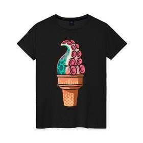 Женская футболка хлопок с принтом Мороженое в Курске, 100% хлопок | прямой крой, круглый вырез горловины, длина до линии бедер, слегка спущенное плечо | мороженое | осьминог | присоски | тентакли | щупальца