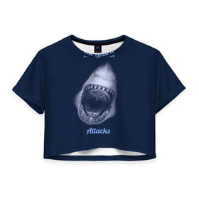 Женская футболка 3D укороченная с принтом the shark attacks в Курске, 100% полиэстер | круглая горловина, длина футболки до линии талии, рукава с отворотами | shark | акула | глубина | зубы | море | океан | пасть | укус | хищник