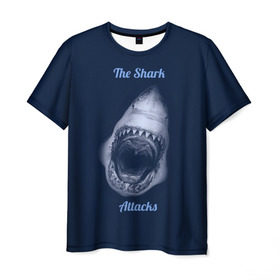 Мужская футболка 3D с принтом the shark attacks в Курске, 100% полиэфир | прямой крой, круглый вырез горловины, длина до линии бедер | Тематика изображения на принте: shark | акула | глубина | зубы | море | океан | пасть | укус | хищник