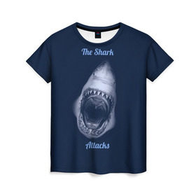 Женская футболка 3D с принтом the shark attacks в Курске, 100% полиэфир ( синтетическое хлопкоподобное полотно) | прямой крой, круглый вырез горловины, длина до линии бедер | shark | акула | глубина | зубы | море | океан | пасть | укус | хищник