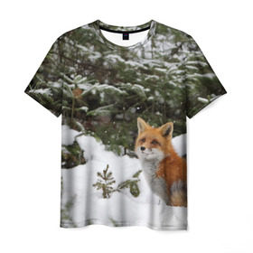 Мужская футболка 3D с принтом Лиса в зимнем лесу в Курске, 100% полиэфир | прямой крой, круглый вырез горловины, длина до линии бедер | fox | животное | зверь | красивая | лес | лис | лиса | лисенок | лисица | лисичка | мех | патрикеевна | песец | плутовка | прикольная | природа | рыжая | рыжий цвет | сказка | хвост | хитрая | хищник
