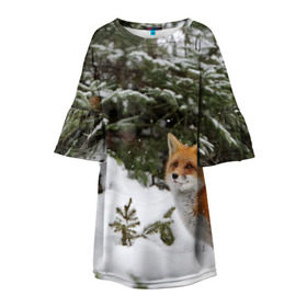Детское платье 3D с принтом Лиса в зимнем лесу в Курске, 100% полиэстер | прямой силуэт, чуть расширенный к низу. Круглая горловина, на рукавах — воланы | fox | животное | зверь | красивая | лес | лис | лиса | лисенок | лисица | лисичка | мех | патрикеевна | песец | плутовка | прикольная | природа | рыжая | рыжий цвет | сказка | хвост | хитрая | хищник