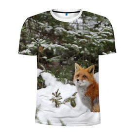 Мужская футболка 3D спортивная с принтом Лиса в зимнем лесу в Курске, 100% полиэстер с улучшенными характеристиками | приталенный силуэт, круглая горловина, широкие плечи, сужается к линии бедра | fox | животное | зверь | красивая | лес | лис | лиса | лисенок | лисица | лисичка | мех | патрикеевна | песец | плутовка | прикольная | природа | рыжая | рыжий цвет | сказка | хвост | хитрая | хищник