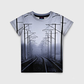 Детская футболка 3D с принтом Туманная дорога в Курске, 100% гипоаллергенный полиэфир | прямой крой, круглый вырез горловины, длина до линии бедер, чуть спущенное плечо, ткань немного тянется | 3d | железная дорога | пути | столбы | страны | туман | туманная дорога