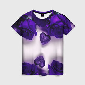 Женская футболка 3D с принтом Фиолетовые розы в Курске, 100% полиэфир ( синтетическое хлопкоподобное полотно) | прямой крой, круглый вырез горловины, длина до линии бедер | flower | весна | красивые цветы | лето | природа | цветок | цветочки | цветы