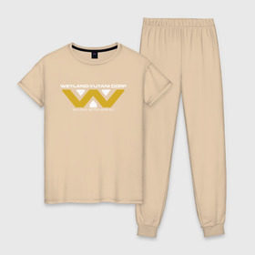 Женская пижама хлопок с принтом Weyland-Yutani в Курске, 100% хлопок | брюки и футболка прямого кроя, без карманов, на брюках мягкая резинка на поясе и по низу штанин | чужой завет