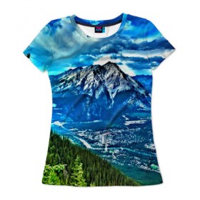 Женская футболка 3D с принтом Snowy mountains в Курске, 100% полиэфир ( синтетическое хлопкоподобное полотно) | прямой крой, круглый вырез горловины, длина до линии бедер | 