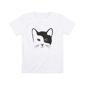 Детская футболка хлопок с принтом Кисонька в Курске, 100% хлопок | круглый вырез горловины, полуприлегающий силуэт, длина до линии бедер | абстракция | белое | инь ян | инь янь | киса | кисонька | котик | кошак | кошка | чёрно белая | черное