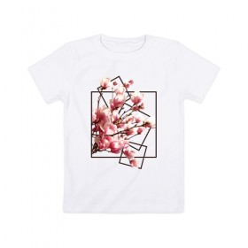 Детская футболка хлопок с принтом Магнолия в Курске, 100% хлопок | круглый вырез горловины, полуприлегающий силуэт, длина до линии бедер | весна | геометрия | деревья | квадраты | цветение | цветы