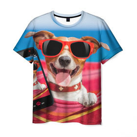 Мужская футболка 3D с принтом Джек рассел - в гамаке в Курске, 100% полиэфир | прямой крой, круглый вырез горловины, длина до линии бедер | волкодав | дворняжка | джек | джек рассел | домашние животные | любимец | мопс | овчарка | пес | песик | питомец | рассел | сенбернар | собака | собачка