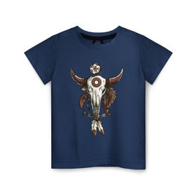 Детская футболка хлопок с принтом Тотем в Курске, 100% хлопок | круглый вырез горловины, полуприлегающий силуэт, длина до линии бедер | бубен | индеец | перья | тотем | череп | череп быка | шаман