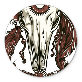 Коврик круглый с принтом Тотем в Курске, резина и полиэстер | круглая форма, изображение наносится на всю лицевую часть | бубен | индеец | перья | тотем | череп | череп быка | шаман