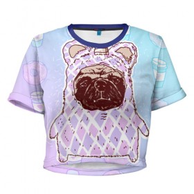 Женская футболка 3D укороченная с принтом мопс-единорог в Курске, 100% полиэстер | круглая горловина, длина футболки до линии талии, рукава с отворотами | dog | mops | tmblr | tumbler | unicorn | единорог | мопс